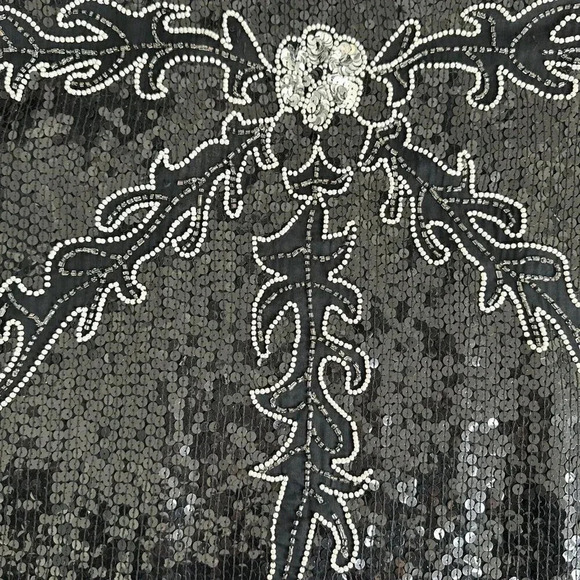Vintage Sarin Sequin Top Womens S / M Beaded Black Silver Floral Silk 80s Blouse - Picture 9 of 15